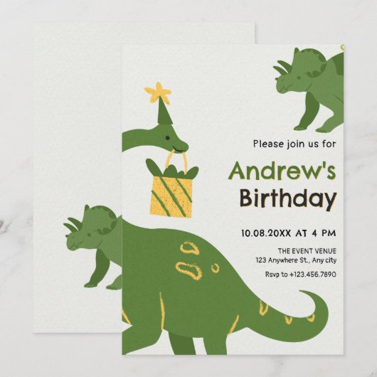 Grüner Dino Geburtstag Einladung (Vorne/Hinten)