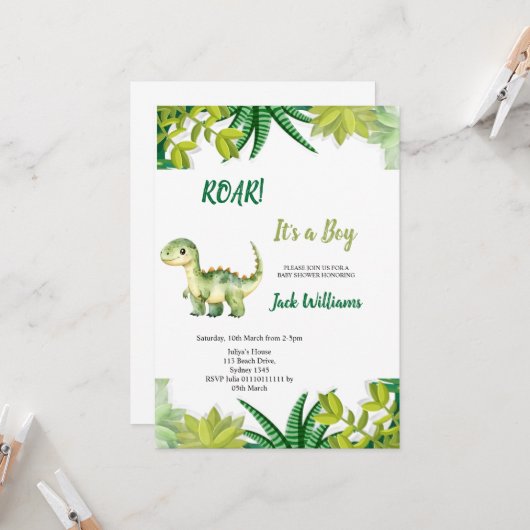  GRÜNER DINOSAURIER  BABYSHOWER  EINLADUNG (Vorderseite/Rückseite Beispiel)