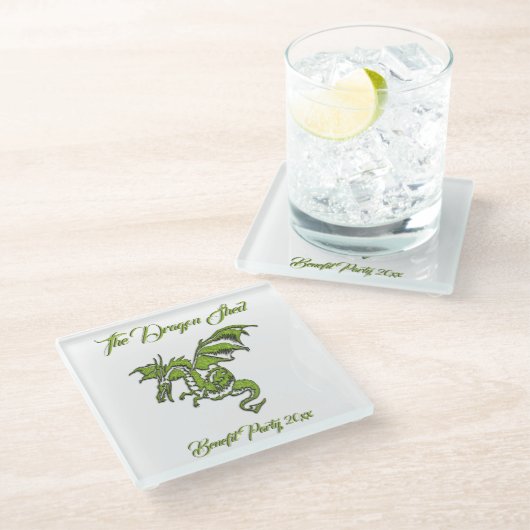 Grüner Drache auf Silber Glasuntersetzer (Schrägansicht)