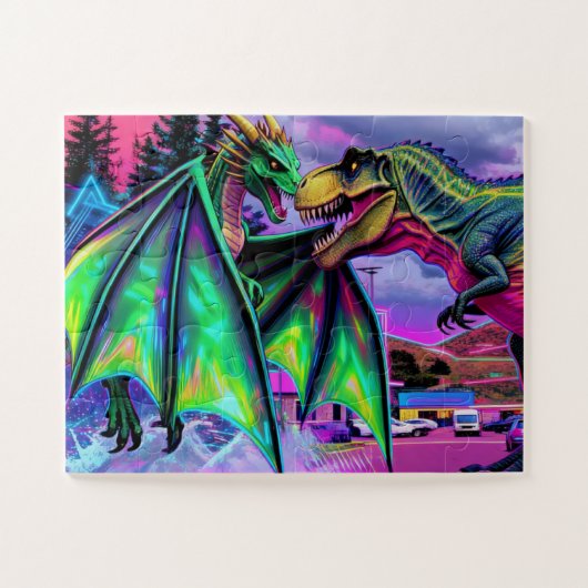 Grüner Drache gegen Dinosaurier Puzzle (Horizontal)