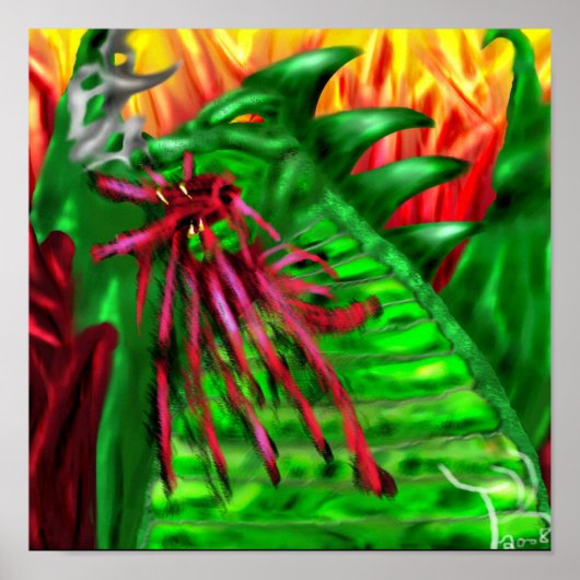 Grüner Drache in Flammen Fantasy-Kunst Poster (Vorne)