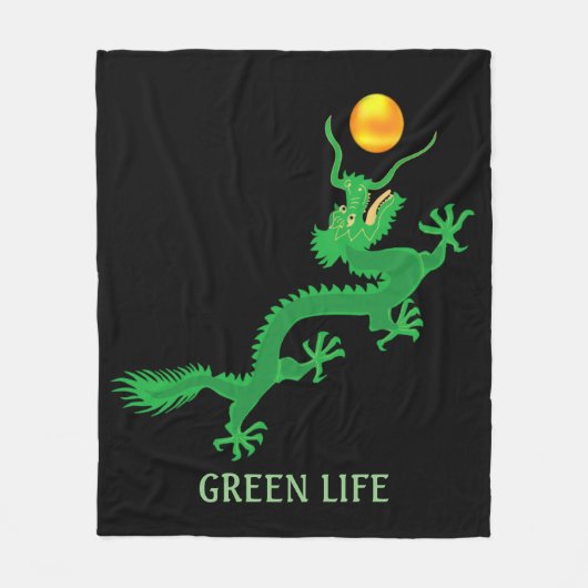 Grüner Drache mit goldenem Sonnenball auf schwarz Fleecedecke (Vorderseite)