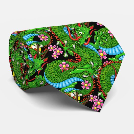 Grüner Drache mit Kirschblüten Krawatte (Gerollt)
