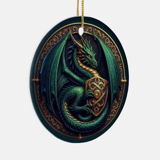 Grüner Drache mit Schild Keramik Ornament (Rechts)