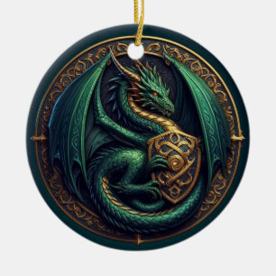 Grüner Drache mit Schild Keramik Ornament