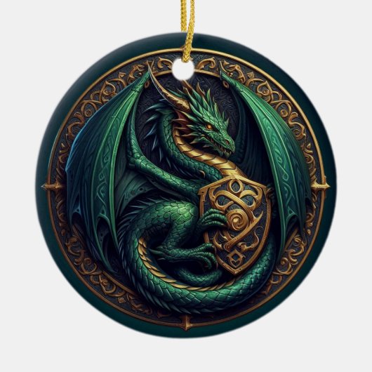Grüner Drache mit Schild Keramik Ornament (Vorne)