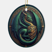 Grüner Drache mit Schild Keramik Ornament (Links)