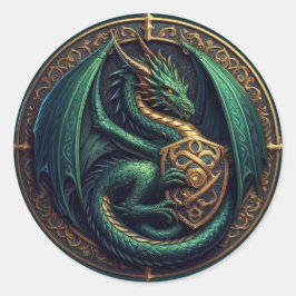 Grüner Drache mit Schild Runder Aufkleber