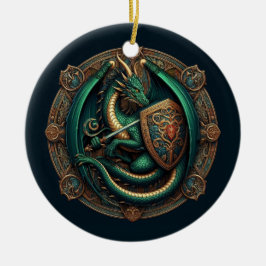 Grüner Drache mit Schwert Keramik Ornament