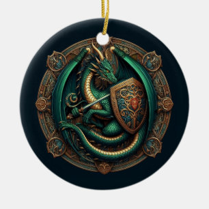 Grüner Drache mit Schwert Keramik Ornament