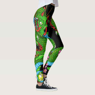 Grüner Drache Tattoo mit Kirschblüten Leggings