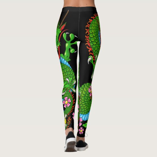 Grüner Drache Tattoo mit Kirschblüten Leggings (Rückseite)