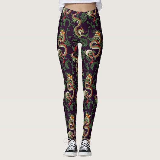 Grüner Drache und Florals Leggings (Vorderseite)
