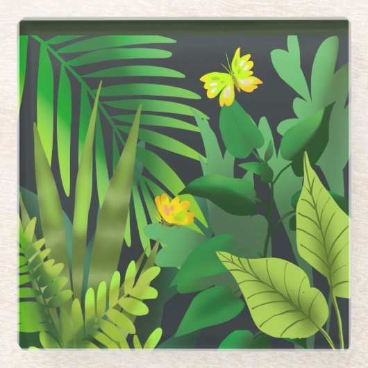 Grüner Dschungel mit Schmetterlingen Glasuntersetzer (Vorderseite)