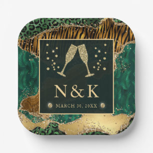 Grüner Dschungel-Tierdruck Glitter-Achat-Hochzeit Pappteller