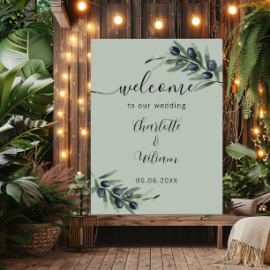Grüner Empfang von Hochzeitsoliven Blätter Poster