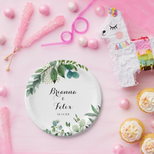 Grüner Eukalyptus-Foliage-Kalligrafie-Hochzeitstor Pappteller (Party)