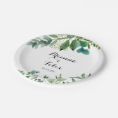 Grüner Eukalyptus-Foliage-Kalligrafie-Hochzeitstor Pappteller (Schrägansicht)