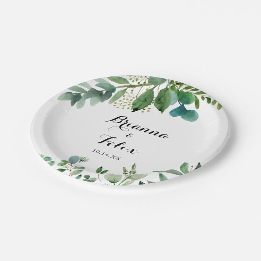 Grüner Eukalyptus-Foliage-Kalligrafie-Hochzeitstor Pappteller (Schrägansicht)