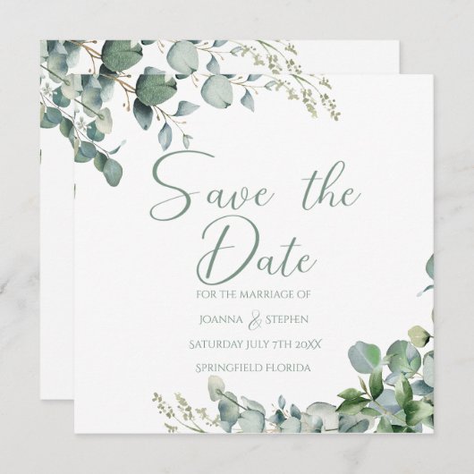 Grüner Eukalyptus-Minimalist Save the Date Einladung (Vorne/Hinten)