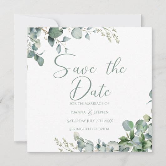 Grüner Eukalyptus-Minimalist Save the Date Einladung (Vorderseite)