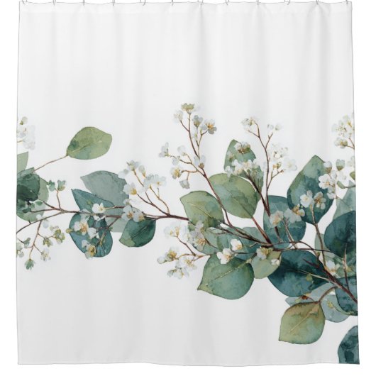 Grüner Eukalyptus-Pastell-Blumen-Whimsical-Botanik Duschvorhang (Vorderseite)
