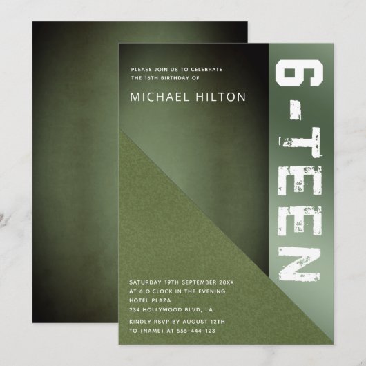 Grüner Farbblockjunge 16 . Geburtstag Einladung (Vorne/Hinten)