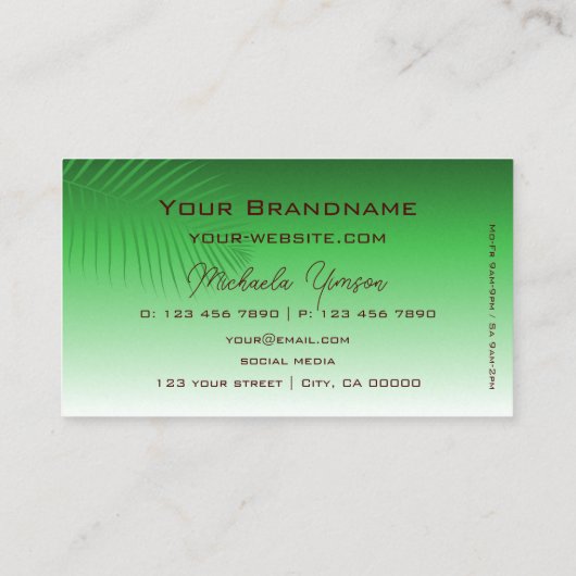 Grüner Farbverlauf mit Palmblättern und Monogramm  Visitenkarte (Rückseite)