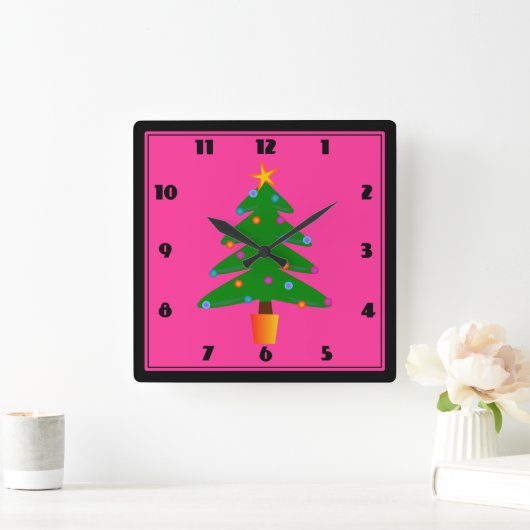 Grüner festlicher Weihnachtsbaum Quadratische Wanduhr (Zuhause)