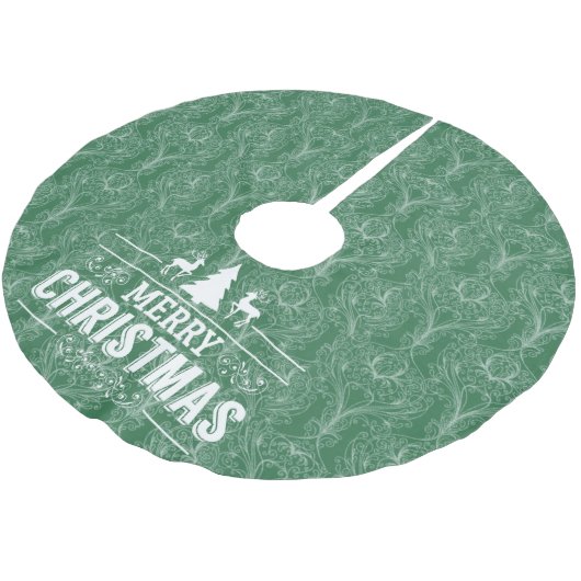 Grüner filigraner Damast. Frohe 🎄 Polyester Weihnachtsbaumdecke (Schrägansicht)