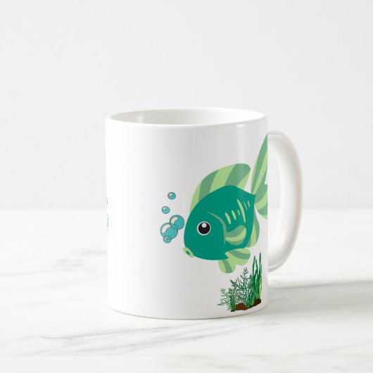 Grüner Fisch mit Bläschen und aquatische Pflanze K Kaffeetasse (VorderseiteRechts)