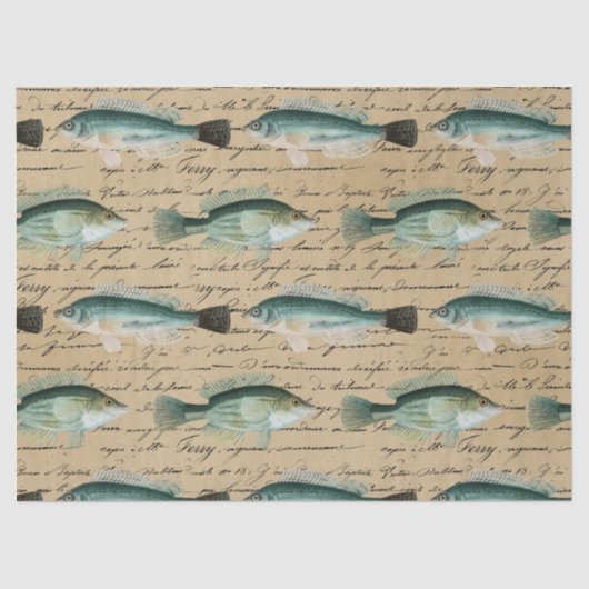 Grüner Fisch und Cursive Writing on Tan Decoupage Seidenpapier (Vorderseite)