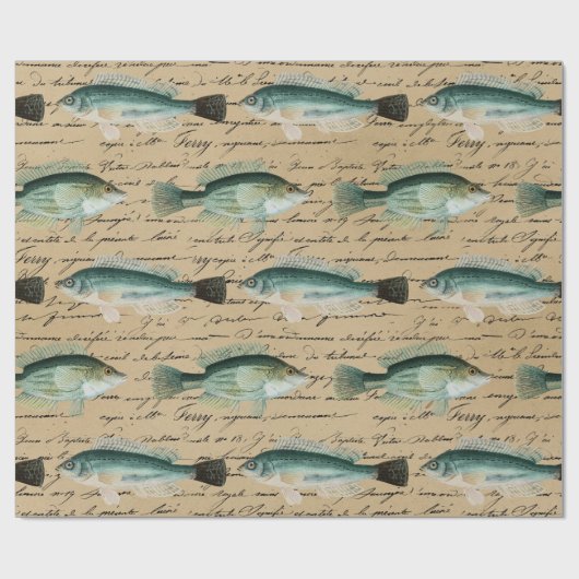 Grüner Fisch und Cursive Writing on Tan Geschenkpapier (Flach)