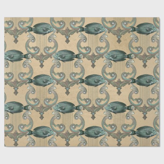 Grüner Fisch und Harfe auf Tan Geschenkpapier (Flach)