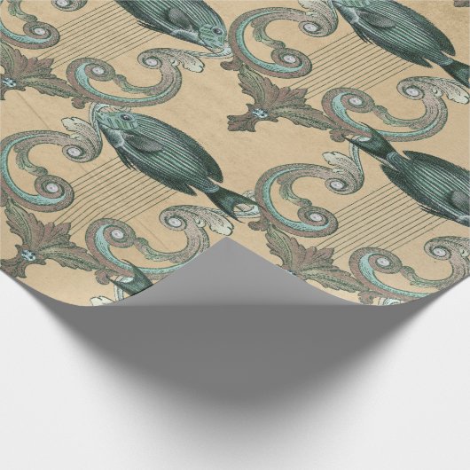 Grüner Fisch und Harfe auf Tan Geschenkpapier (Ecke)