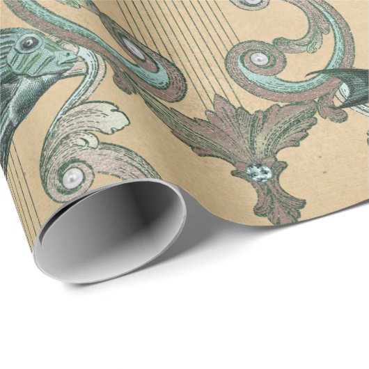 Grüner Fisch und Harfe auf Tan Geschenkpapier (Rolleneckpunkt)