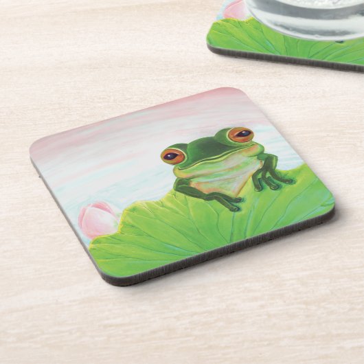 Grüner Frog Entspannen auf der Sicherheit des Lili Getränkeuntersetzer (Linke Seite)