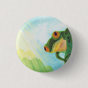 Grüner Frosch, der Sonnenstrahlen fängt Button