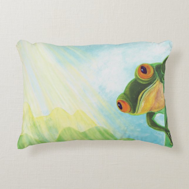 Grüner Frosch, der Sonnenstrahlen fängt Dekokissen (Vorderseite)