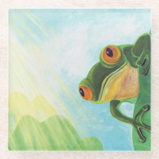 Grüner Frosch, der Sonnenstrahlen fängt Glasuntersetzer (Vorderseite)