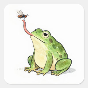 Grüner Frosch fängt eine Fliege Quadratischer Aufkleber