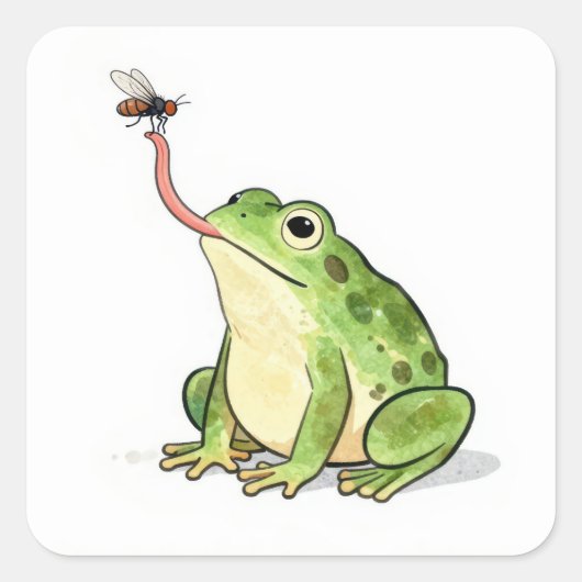 Grüner Frosch fängt eine Fliege Quadratischer Aufkleber (Vorderseite)