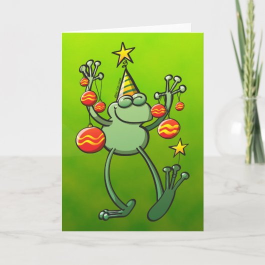 Grüner Frosch feiert mit Weihnachtsbaubles Feiertagskarte (Vorderseite)