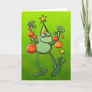 Grüner Frosch feiert mit Weihnachtsbaubles Feiertagskarte