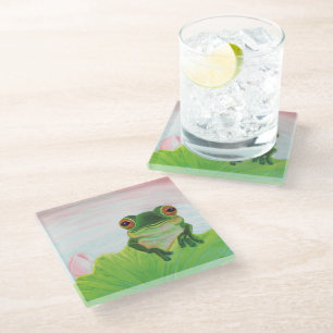 Grüner Frosch hinter dem Seerosenblatt Glasunterse Glasuntersetzer