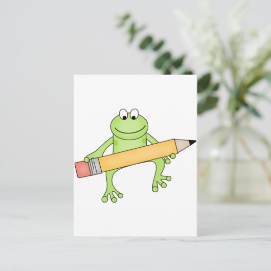 Grüner Frosch mit Bleistiftschürzen und -geschenke Postkarte (Stehend Vorderseite)
