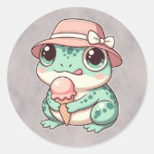Grüner Frosch mit Eiscreme Runder Aufkleber (Vorderseite)