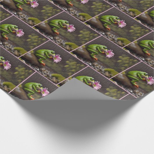 Grüner Frosch mit rosa Daisy Geschenkpapier (Ecke)