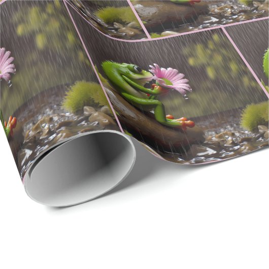 Grüner Frosch mit rosa Daisy Geschenkpapier (Rolleneckpunkt)