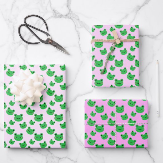 Grüner Frosch Muster Rosa Geschenkpapier Set (Vorderseite)